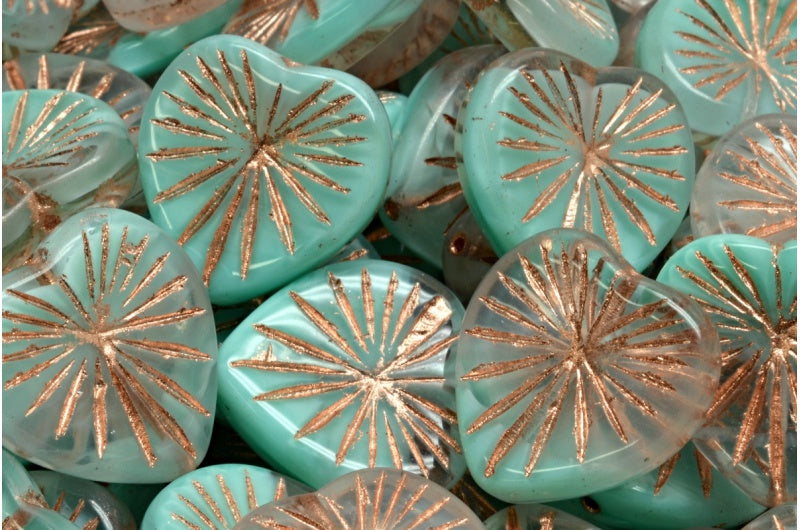 Kiwi Heart Beads, Teal Copper Lined (56218-54307), Glass, Czech Republic