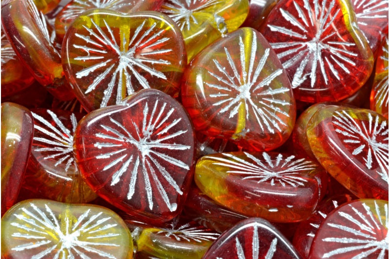 Kiwi Heart Beads, Ruby Red Transparent Yellow Silver Lined (90080-80020-54301), Glass, Czech Republic