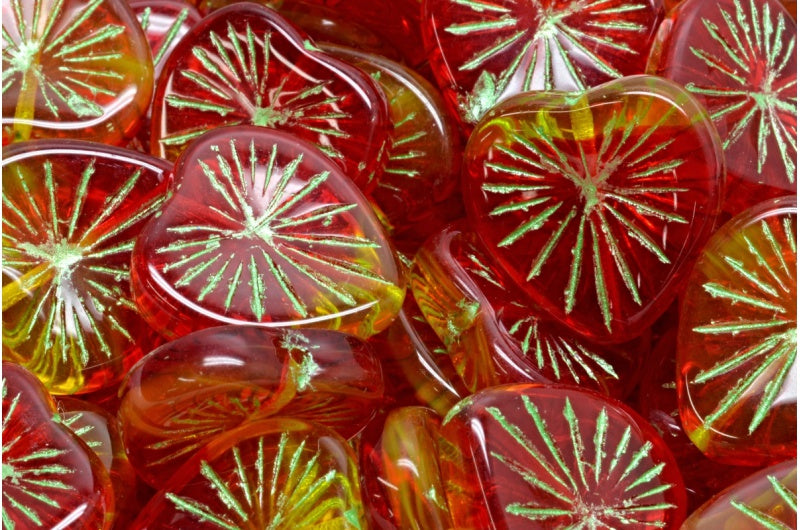 Kiwi Heart Beads, Ruby Red Transparent Yellow Green (90080-80020-43813), Glass, Czech Republic