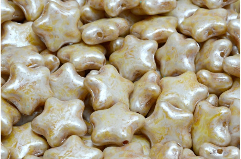 Flat Star Beads, White Cream Luster Spotted (02010-65321), Glass, Czech Republic