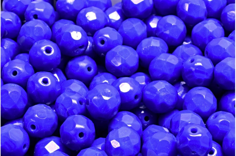 Faceted Round Fire Polished Beads, Opaque Blue (33050), Glass, Czech Republic