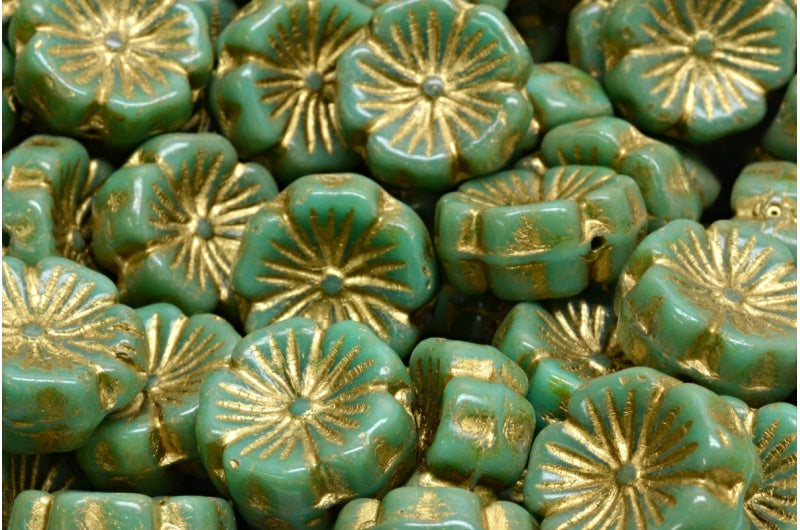 OUTLET 10 grams Hawaiian Flower Beads, 14 x 14 mm, Turquoise Travertin Gold Lined (63130-86800-54302), Glass, Czech Republic