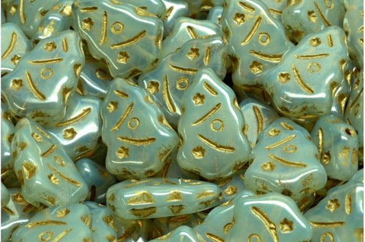 クリスマスツリービーズ、オパールホワイトラスターグリーンフルコーティングゴールドライニング（01000-14457-54302）、ガラス、チェコ共和国