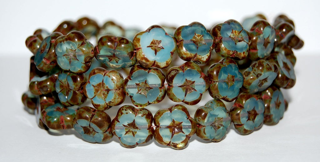 Table Cut Flower Beads, Opal Aqua Travertin (61000-86800), Glass, Czech Republic ~ STRANDED