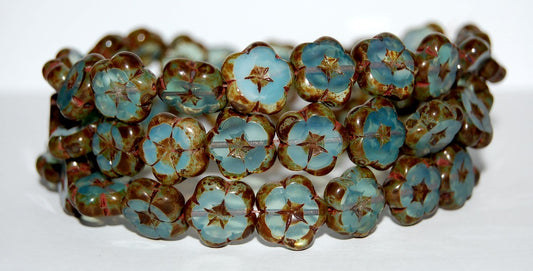 Table Cut Flower Beads, Opal Aqua Travertin (61000-86800), Glass, Czech Republic ~ STRANDED