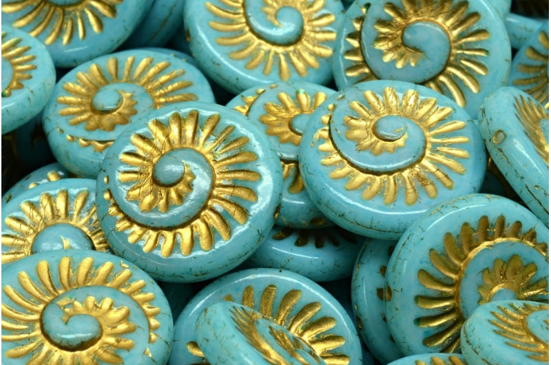 OUTLET 10 grams Fossil Shell Beads, 18 x 18 mm, White Gold Lined Light Aqua Blue (02010-54302-34308), Glass, Czech Republic