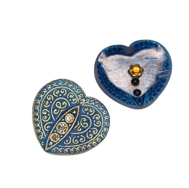 1 pcs Hand Painted Glass Buttons HEART with ornament, size 18 (33x33 mm), Glass, Czech Republic