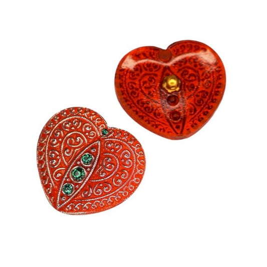 1 pcs Hand Painted Glass Buttons HEART with ornament, size 18 (33x33 mm), Glass, Czech Republic