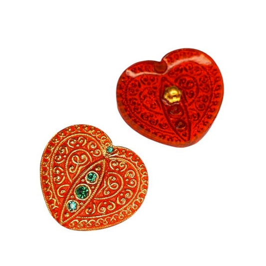 1個 ハンドペイントガラスボタン ​​ハート 飾り付き、サイズ18 (33x33 mm)、ガラス、チェコ共和国