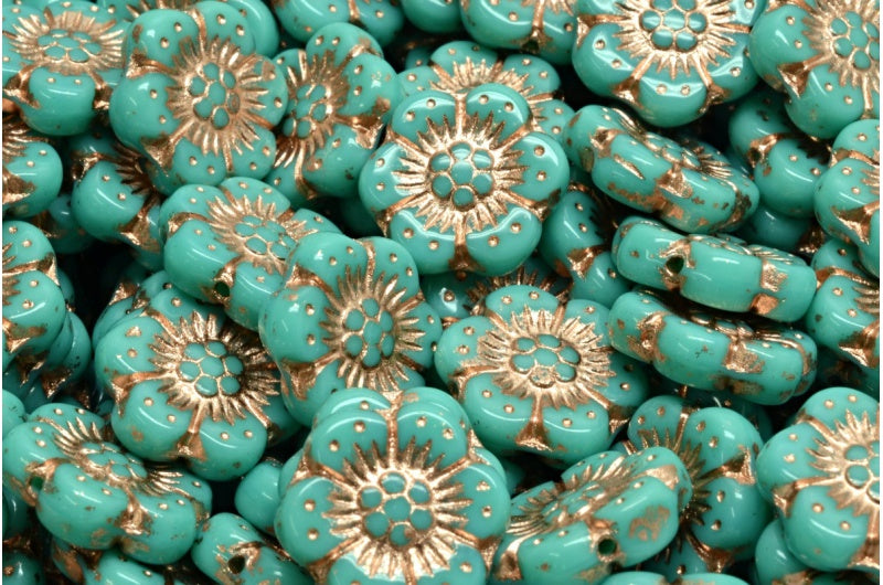 OUTLET 10 grams Boho Flower Beads, Turquoise Copper Lined (63130-54307), Glass, Czech Republic