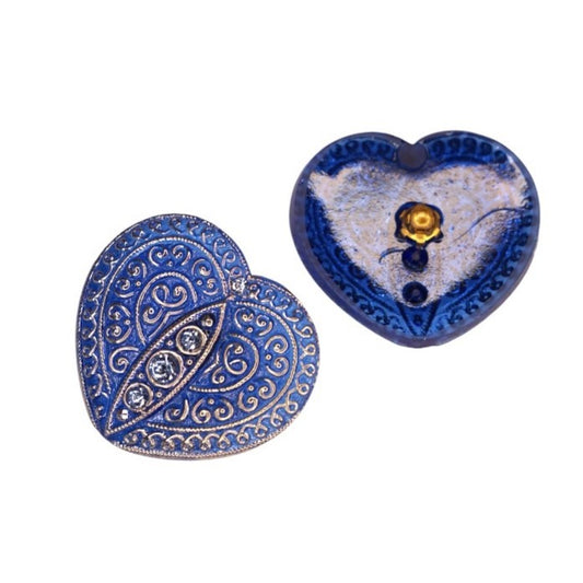 1 pcs Hand Painted Glass Buttons HEART with ornament, size 18 (33x33 mm), Glass, Czech Republic