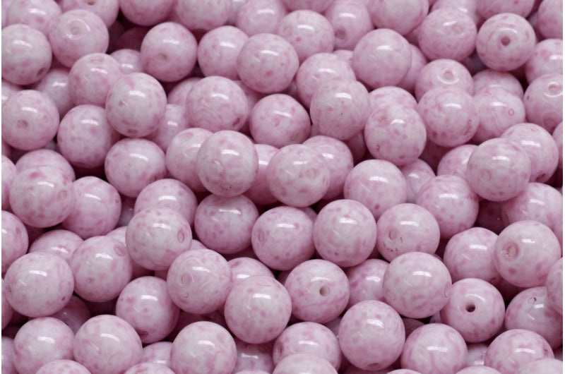 Round Druck Beads, White Opal Light Fuchsia Pink (02020-34306), Glass, Czech Republic