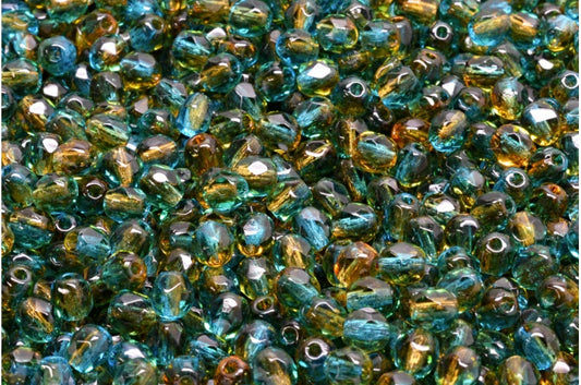 Faceted Round Fire Polished Beads, Transparent Orange Transparent Aqua (10080-60040), Glass, Czech Republic