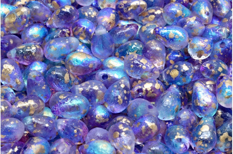 Drop Beads, Crystal Etched Glossy Blue Purple Gold Splash (00030-ETCH-48123-94401), Glass, Czech Republic