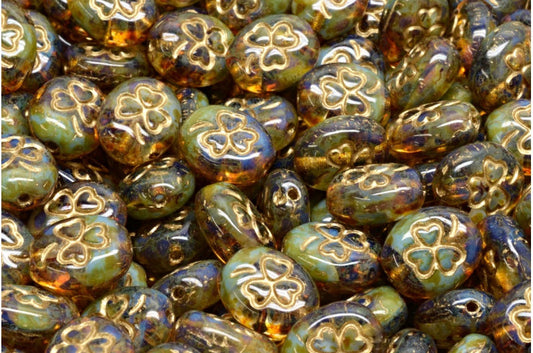 OUTLET 10 Gramm Shamrock Oval Beads, 36018 Travertin Gold Lined (36018-86800-54302), Glas, Tschechische Republik