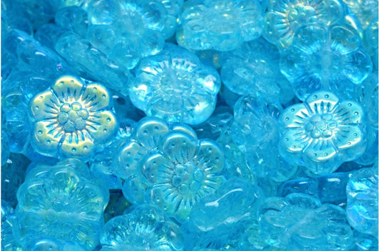 奥特莱斯 10克波西米亚风花朵珠，14 x 14毫米，水晶Ab浅水蓝色（00030-28701-34308），玻璃，捷克共和国