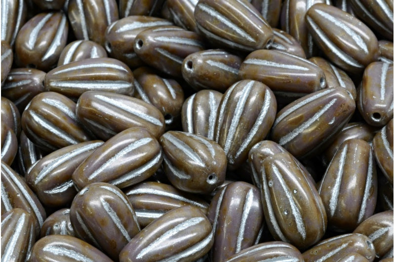 OUTLET 10 grams Drop Melon Beads, 13 x 8 mm, Opaque Amethyst Travertin Silver Lined (23030-86800-54301), Glass, Czech Republic