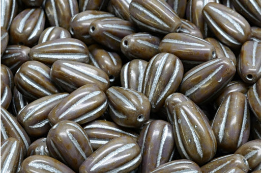 OUTLET 10 grams Drop Melon Beads, 13 x 8 mm, Opaque Amethyst Travertin Silver Lined (23030-86800-54301), Glass, Czech Republic