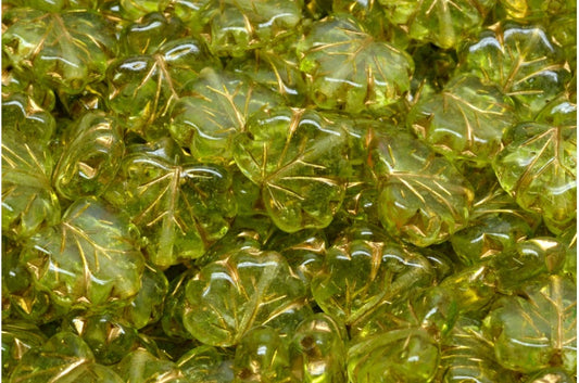 OUTLET 10 grams Maple Leaf Beads, 13 x 11 mm, Crystal Gold Lined Light Green (00030-54302-34310), Glass, Czech Republic