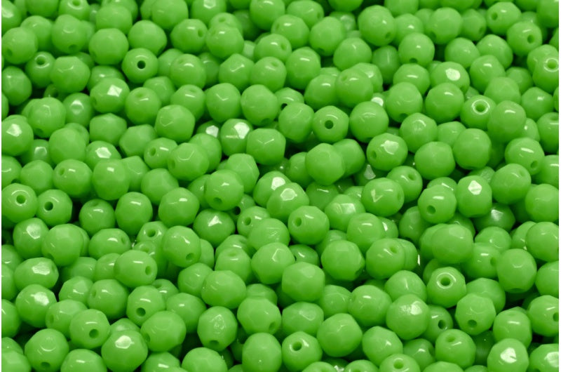 Faceted Round Fire Polished Beads, Opaque Green (53200), Glass, Czech Republic