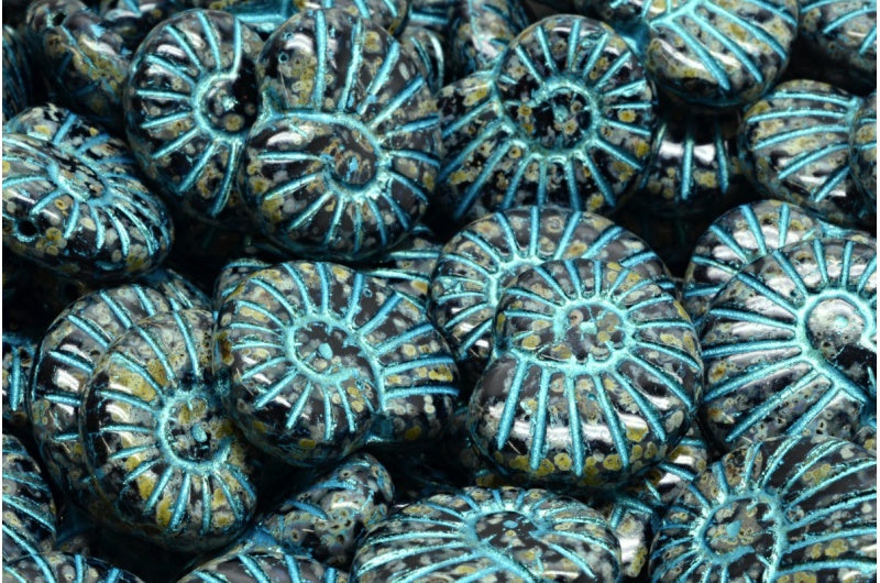 アウトレット 10グラム シェルビーズ、17 x 13 mm、ブラックトラバーチンライトブルーライン（23980-86800-43811）、ガラス、チェコ共和国