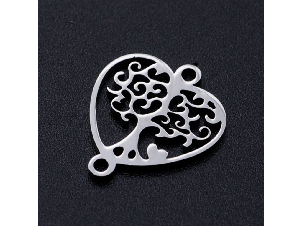 Decorative piece - tree of life in a heart, approx. 18x15x1 mm, Stainless Steel 304