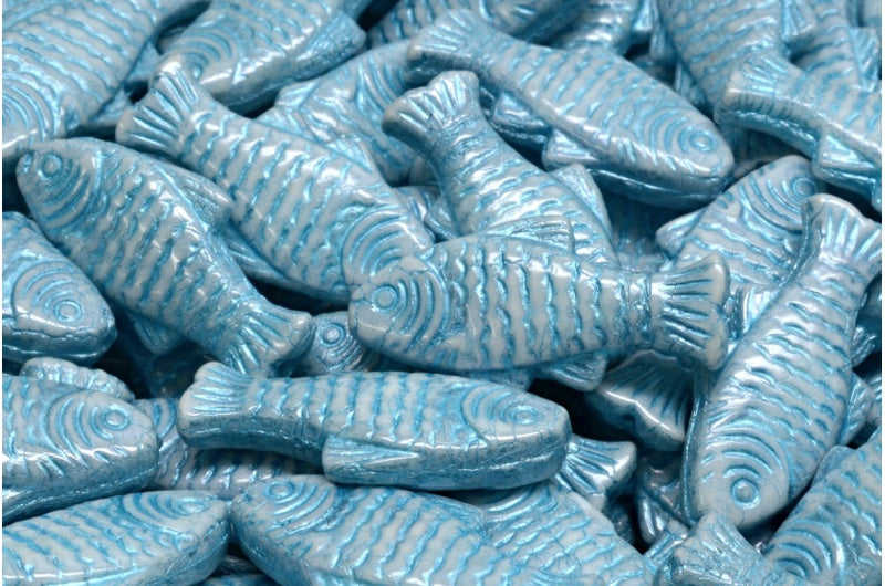 OUTLET 10 grams Big Fish Beads, 24 x 10 mm, White Luster Blue Full Coated Blue Lined (02010-14464-54323), Glass, Czech Republic