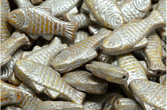 Große Fischperlen, Weiß Creme Glanz Gefleckt Silber Gefüttert (02010-65321-54301), Glas, Tschechische Republik