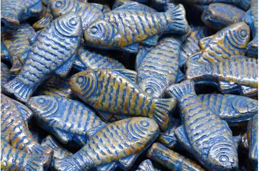 OUTLET 10 grams Big Fish Beads, 24 x 10 mm, White Green Luster Spotted Blue Lined (02010-65325-54309), Glass, Czech Republic