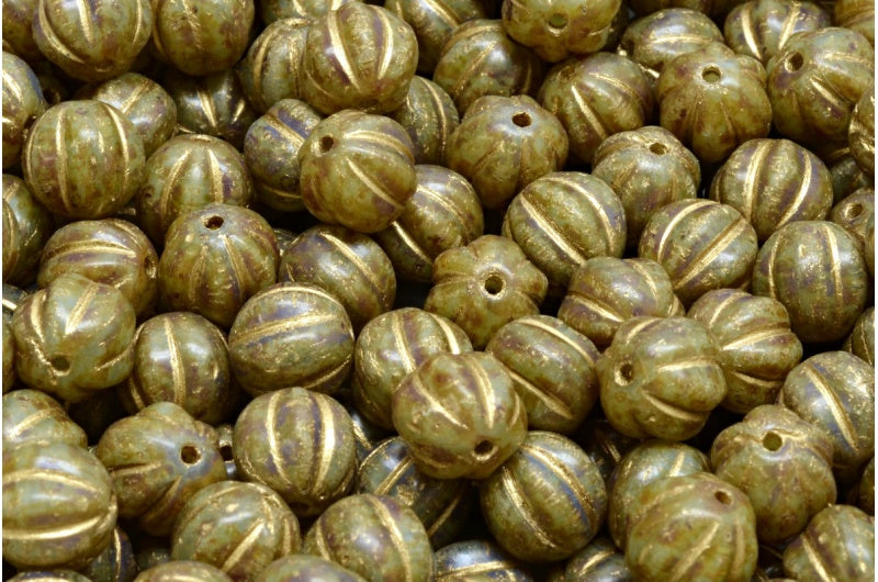 Melon Beads, R2332 Travertin Gold Lined (R2332-86800-54302), Glass, Czech Republic