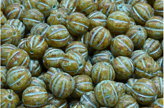 メロンビーズ、R2332 トラバーチン ライトブルー ラインド (R2332-86800-54308)、ガラス、チェコ共和国