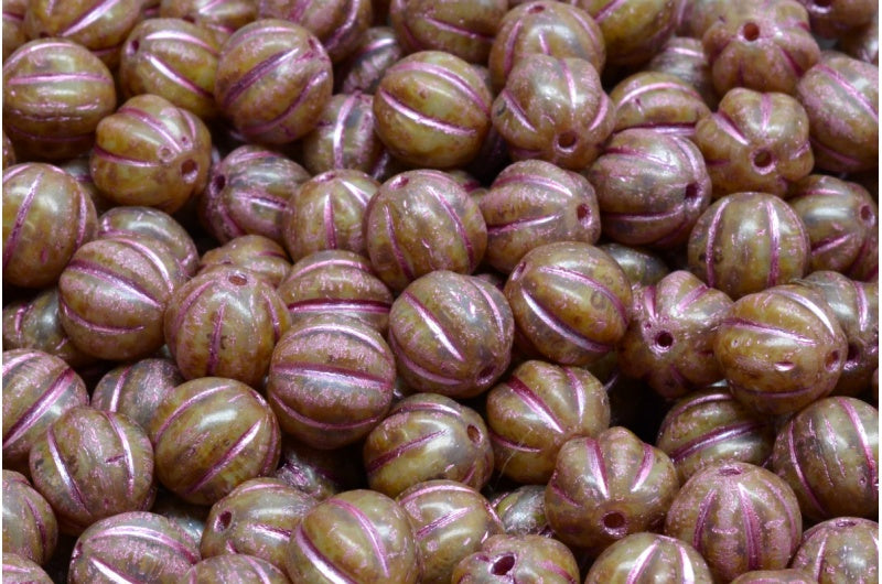 Melon Beads, R2332 Travertin Pink Lined (R2332-86800-54321), Glass, Czech Republic