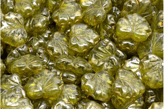 OUTLET 10 grams Maple Leaf Beads, 13 x 11 mm, Transparent Green Gold Splash (50220-86720), Glass, Czech Republic