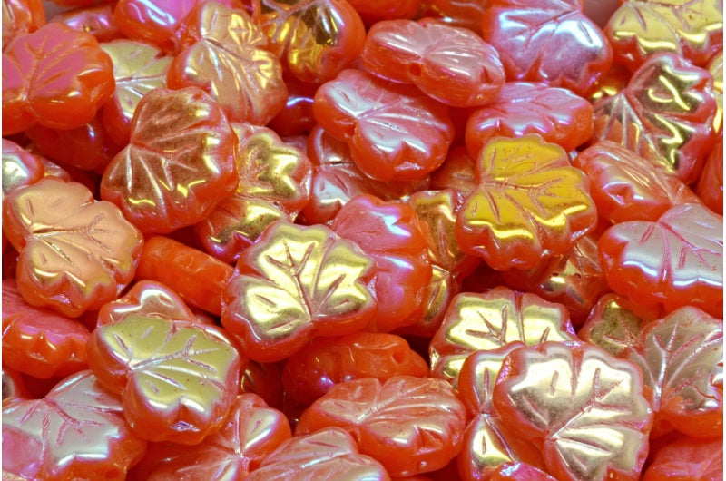 OUTLET 10 grams Maple Leaf Beads, 13 x 11 mm, Orange Ab Full (2X Side) (81260-28703), Glass, Czech Republic