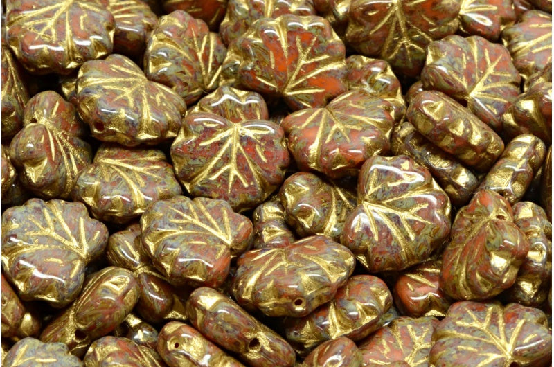 Maple Leaf Beads, Orange Travertin Gold Lined (81260-86800-54302), Glass, Czech Republic