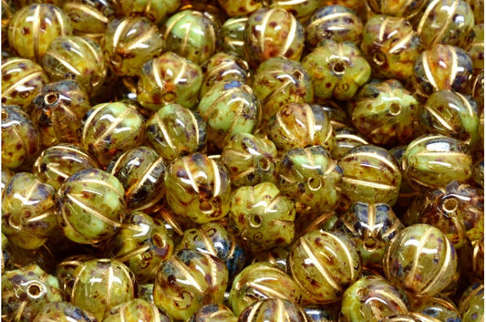 OUTLET 10 grams Melon Beads, 8 x 8 mm, Opaque Green Travertin Gold Lined (56018-86800-54202), Glass, Czech Republic