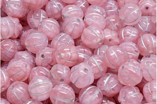 メロンビーズ、不透明ピンク、シルバーライン（76018-54301）、ガラス、チェコ共和国