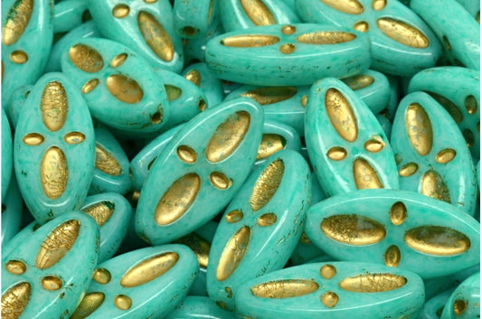 奥特莱斯 10克船眼椭圆形珠子，20 x 9毫米，白金镶浅绿松石（02010-54302-34309），玻璃，捷克共和国