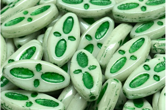 OUTLET 10 grams Ship Eye Oval Beads, White Luster Green Full Coated Green Lined (02010-14457-54315), Glass, Czech Republic