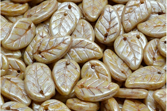 リーフペンダントビーズ、ホワイトクリームラスタースポット（02010-65321）、ガラス、チェコ共和国