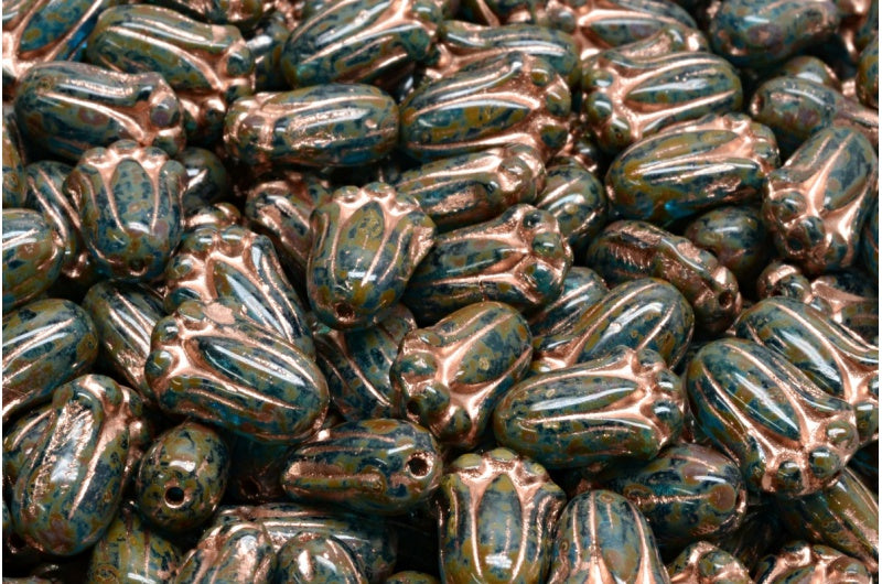 Tulip Bud Beads, Transparent Aqua Travertin Copper Lined (60040-86800-54307), Glass, Czech Republic