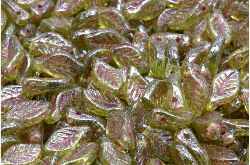 Bay Leaf Beads, Transparent Green Pink Lined 34301 (50220-43807-34301), Glass, Czech Republic