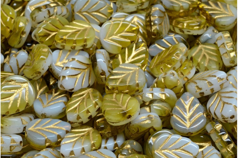 OUTLET 10 grams Mint Leaf Beads, White Transparent Green Gold Lined (02010-50316-54302), Glass, Czech Republic
