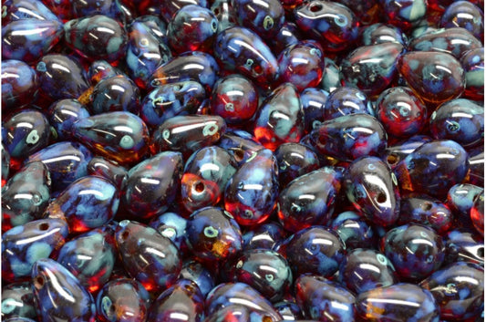 Drop Beads, Ruby Red Transparent Light Topaz Yellow Travertin (90080-10020-86800), Glass, Czech Republic