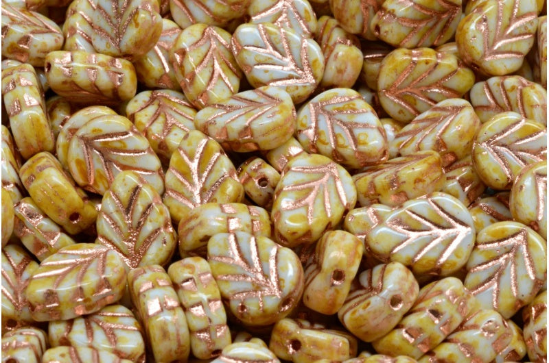 Mint Leaf Beads, White Travertin Copper Lined (02010-86800-54318), Glass, Czech Republic