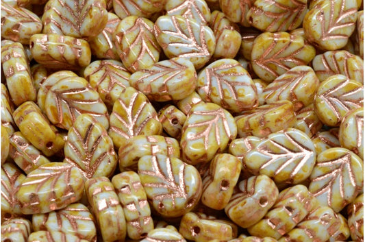 Mint Leaf Beads, White Travertin Copper Lined (02010-86800-54318), Glass, Czech Republic
