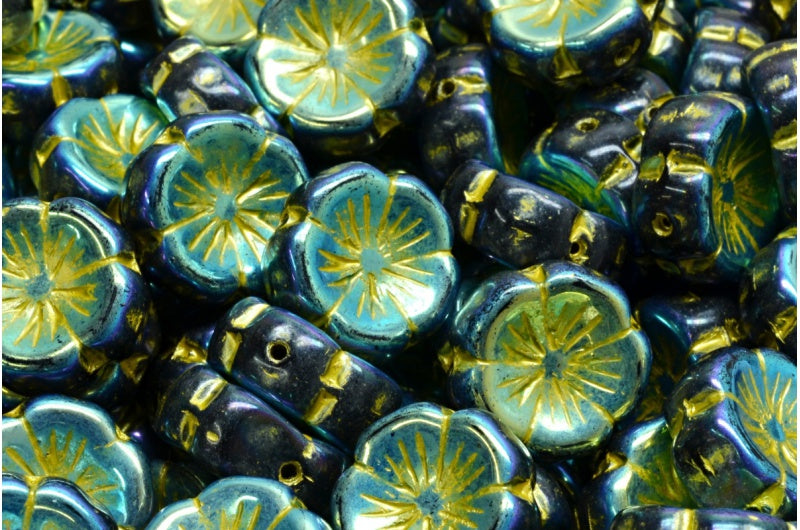 Hawaiian Flower Beads, Black Ab Full (2X Side) 54320 (23980-28703-54320), Glass, Czech Republic