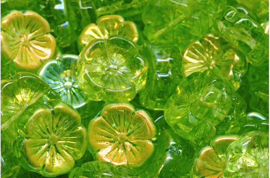 アウトレット 10グラム ハワイアンフラワービーズ、111-01202-14x14-00030-28701-34310、クリスタルABライトグリーン（00030-28701-34310）、ガラス、チェコ共和国