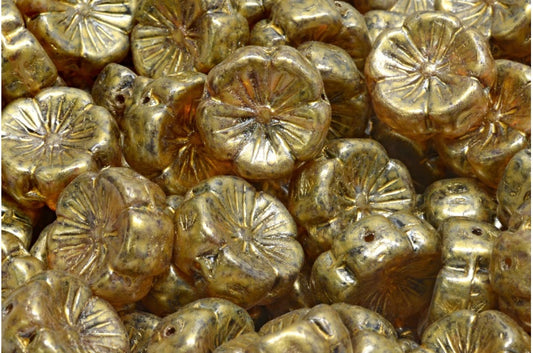 Hawaiian Flower Beads, Crystal Travertin Gold Splash (00030-86800-86720), Glass, Czech Republic