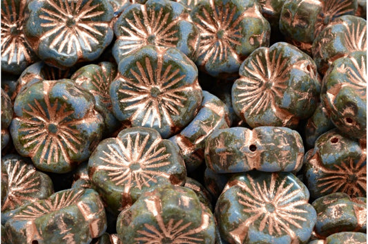 Hawaiian Flower Beads, Opal Blue Travertin Copper Lined (31010-86800-54318), Glass, Czech Republic